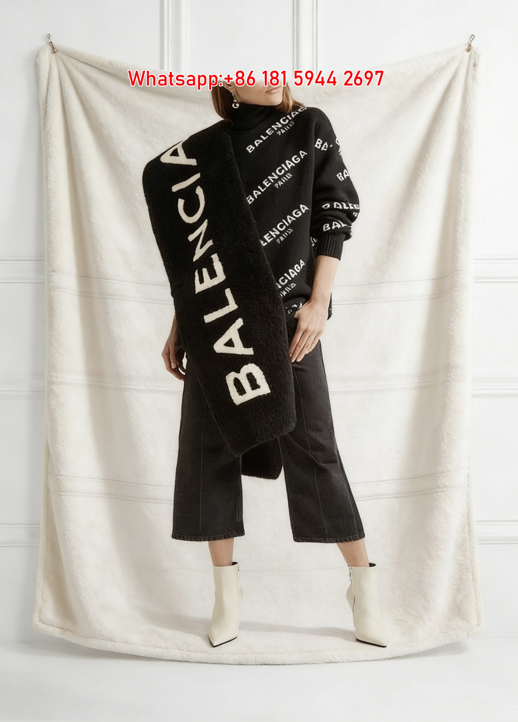Balenciaga Black Logo Scarf & Knit Sweater Print Flannel Sofa Throw Blanket Luxury Brand Cover BA042